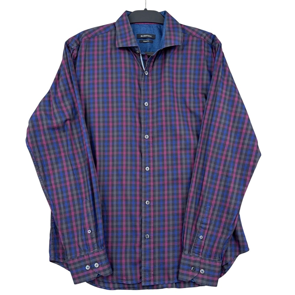 Bugatchi Shaped Fit Mens L 100% Cotton Purple Blue Grey Plaid Button Front Shirt